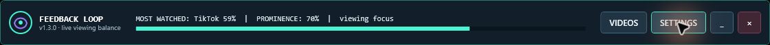 Brainrot Feedback control strip reporting watched share, prominence, and viewing focus