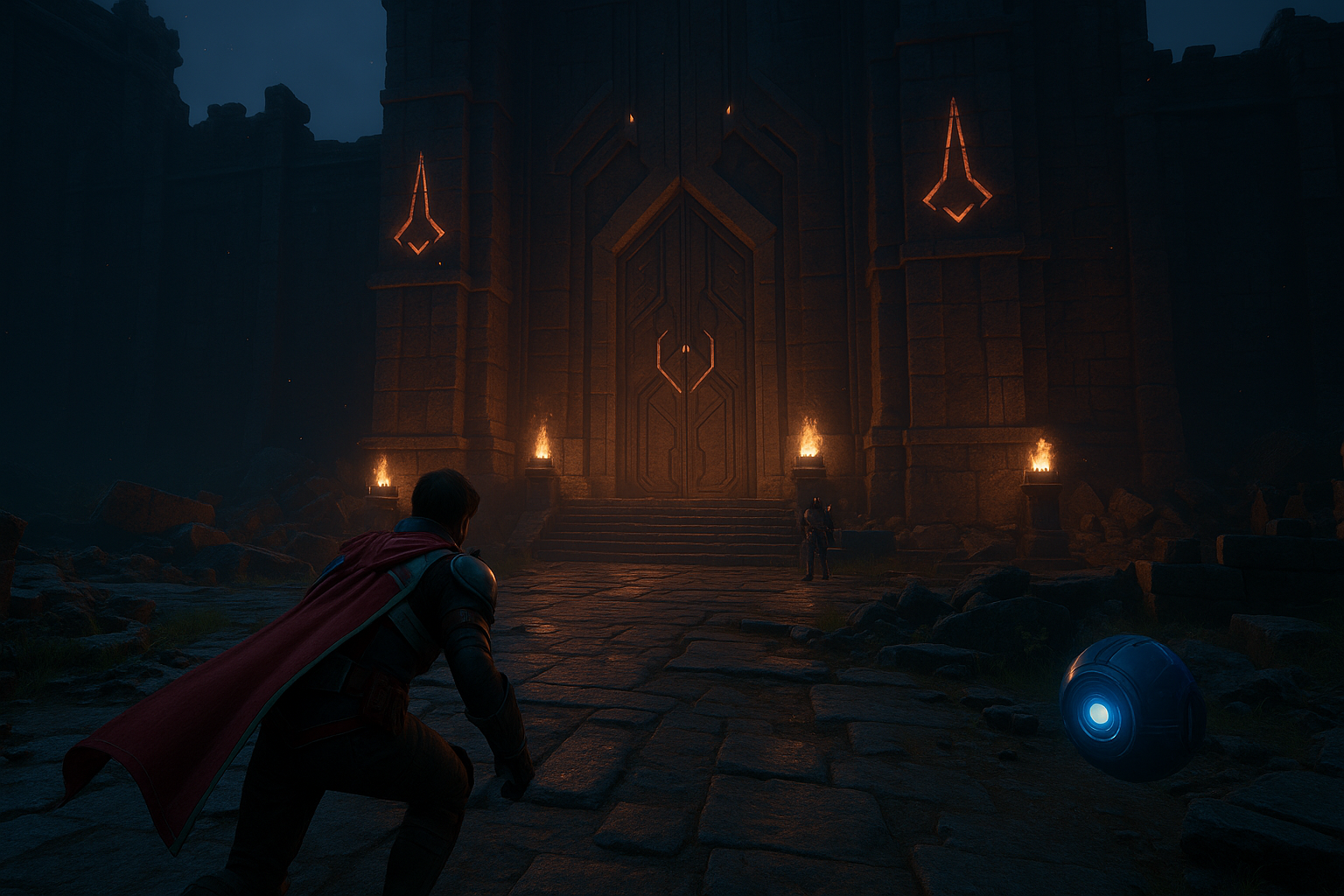 The protagonist approaching a monumental fortress entrance with Z.T.A.K. beside him