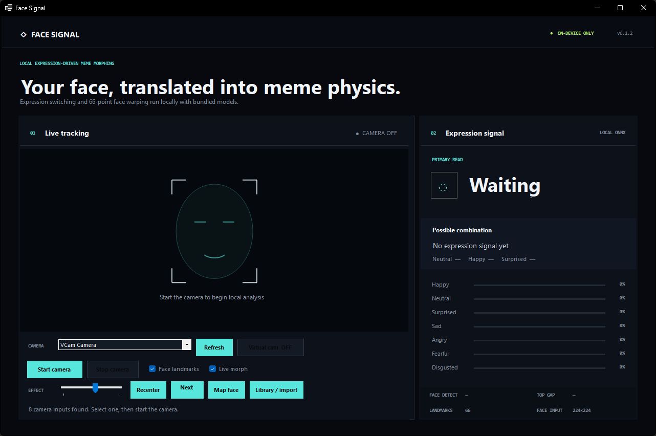 Face Signal interface with camera controls, local expression scores, and facial landmark status